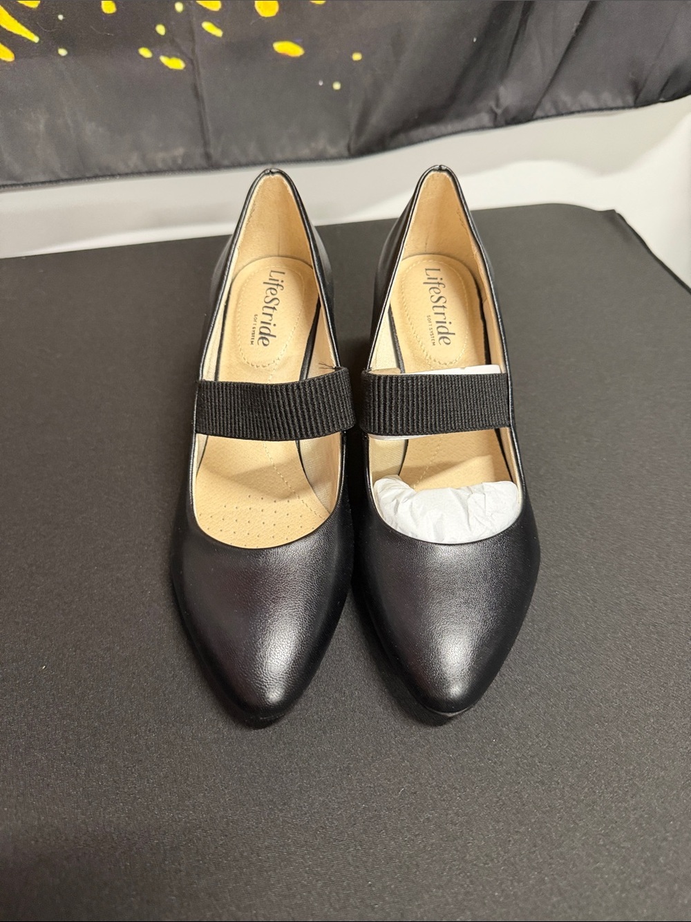 Life Stride Black Pointed Mary Jane Flats with Elastic Strap